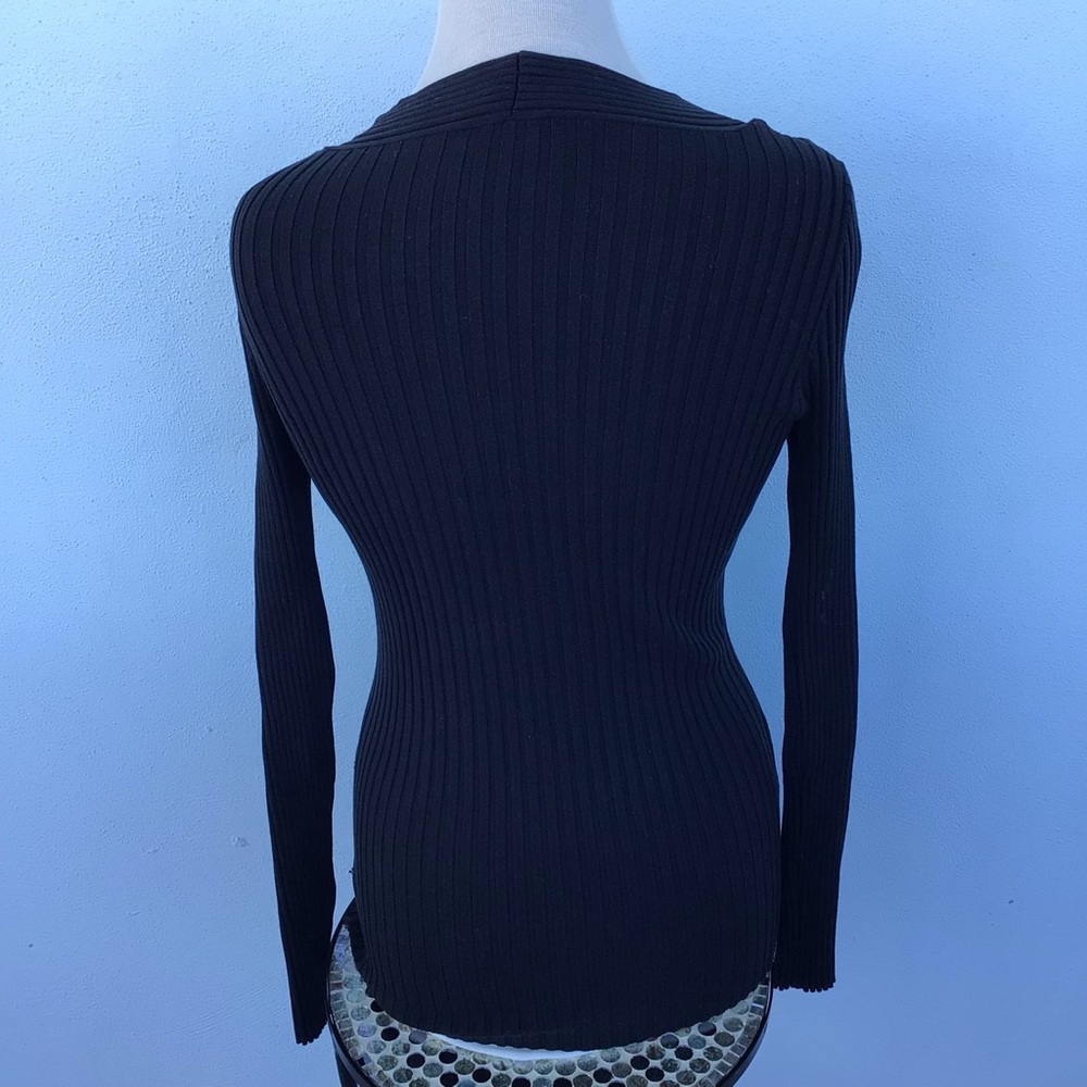 Cache Black Ribbed V-Neck Zip-Up Sweater with Rhinestone Zip Pull Accent - Picture 10 of 10